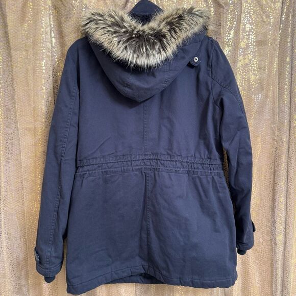 BCBGeneration Navy Blue Hooded Faux Fur Trim Anorak Parka Coat Large - Picture 2 of 10